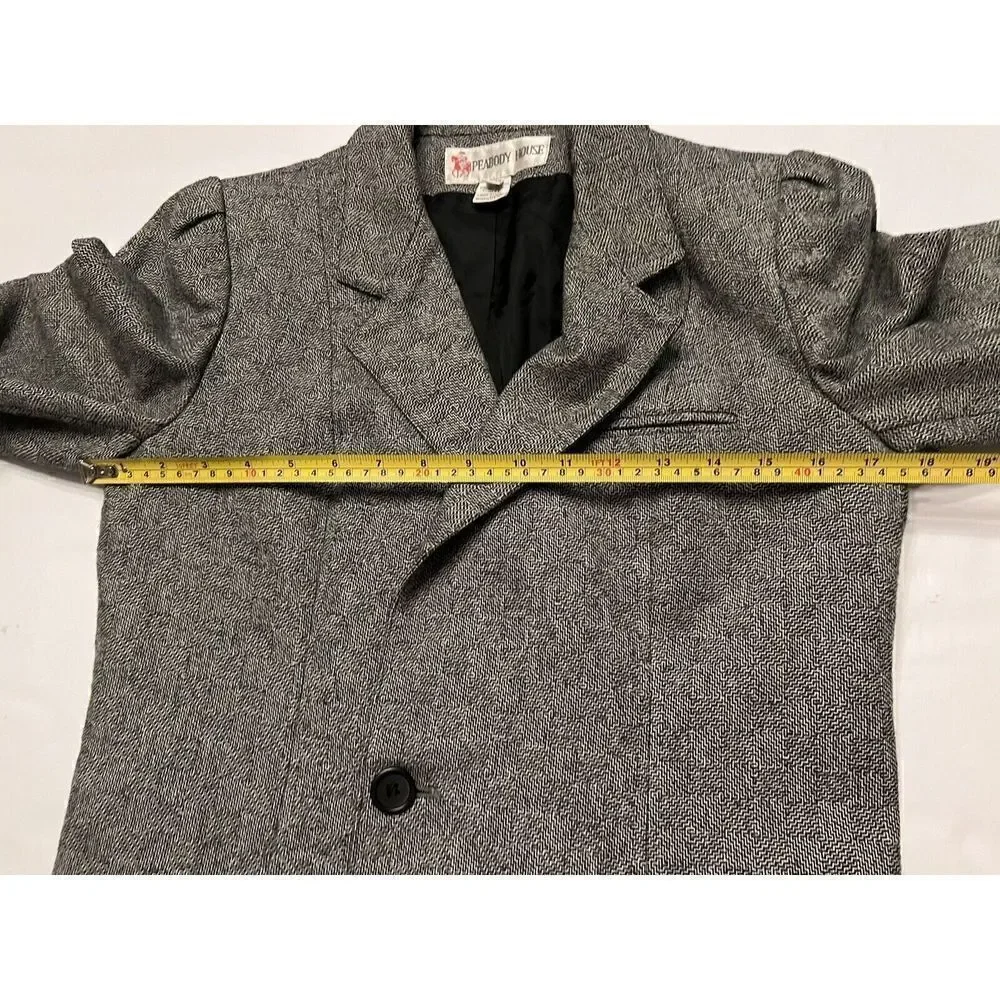 PEABODY HOUSE Blazer Jacket Womens Jrs Sz 7/8 Herringbone‎ Tweed Black Gray Vtg